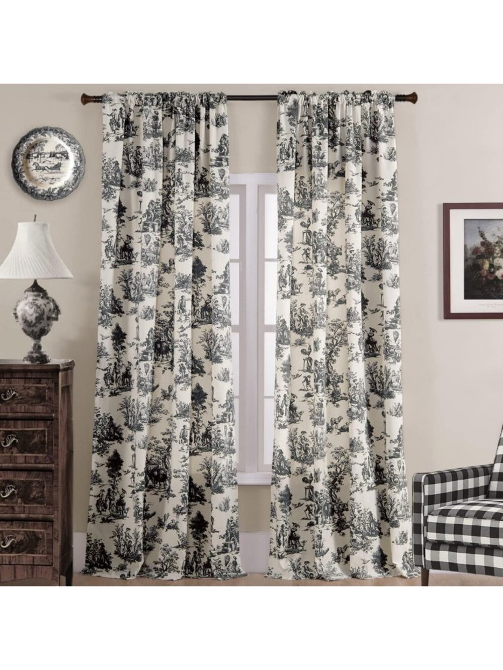 84-Inch Blackout Curtains - Farmhouse Modern Toile Print, Cream Cotton Drapes, 2